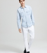 A refined work-shirt style from Vince, this faded denim sport shirt is rendered in a classic fit.