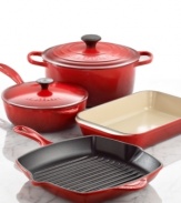 Learn to cook French. A charming mix of style and design, this cast iron collection equips your kitchen with incredible precision, performance and control. Advanced sand-colored enameled interiors exhibit superior heat distribution and retention, while colorful, durable exteriors resist the wear and tear of a busy space.  Lifetime warranty.