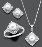 Complete your look with pristine beautiful. Pendant, earrings and ring set featuring cultured freshwater pearl (5.5-7 mm) and diamond accents set in sterling silver. Pendant measures approximately 18 inches with a 3/4-inch drop. Earrings measure approximately 1/4 inch. Ring size 7.