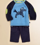 Your little boy will go wild for this cozy, cotton sweater with elbow patches, a cuddly zebra appliqué and shoulder buttons for easy on and off.CrewneckLong sleevesButton shouldersRib-knit neckline, cuffs and hemCottonMachine washImported Please note: Number of buttons may vary depending on size ordered. 