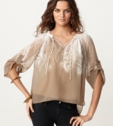 Sheer chiffon fabric modernizes the boho look of this Kensie dragonfly-printed blouse -- a perfect topper for sleek skinny jeans!