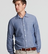 Soft chambray crafted into a classic fit Michael Kors shirt, featuring roll and tab sleeves.