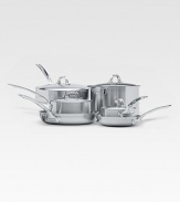 An elegant, professional-grade cookware set is manufactured with exclusive multi-ply construction, a specially designed combination of stainless steel and aluminum alloys for lifetime performance, durability, easy cleanup and even heat distribution. Set includes: 1.5-qt. sauce pan, 3-qt. sauce pan, 3-qt. saute pan, 8 fry pan, 11 fry pan, and 8-qt. 