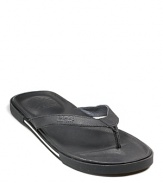 Leather insole wrapped in cushiony foam with TPU rubber outsole. Simple, casual thong sandals in leather.