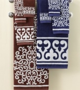 Step out of the shower and into the Mediterranean with soft cotton bath towels from Bianca. Mix towels covered in bold medallions with those framed in equally inspired graphics. Bright white adds striking contrast to navy and cocoa hues.