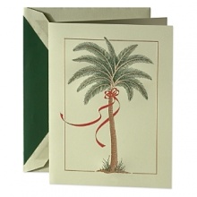 Hand engraved on willow, this wind-blown palm festooned with a streaming red ribbon imparts your holiday wishes in the warmest of styles. Lined envelopes.