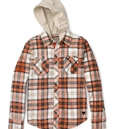 An attached hood gives this plaid shirt from GUESS Kids an added touch of cool.