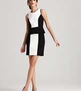 Black and white color blocking and a feminine peplum create an eye-catching look on this Cynthia Steffe dress--the definitive office to off-hours silhouette when style is the main event.