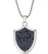 Strength in style. This unique, shield-shaped men's pendant is set in stainless steel with single-cut black diamonds (1/2 ct. t.w.) at the center. Approximate length: 24 inches. Approximate drop: 2 inches.