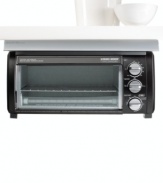 Toaster ovens can put quite a strain on counter space. Fortunately, Black & Decker has a solution! This under-cabinet toaster oven is a fully functional appliance, complete with toast and bake functions and enough capacity for 4 slices of toast or a 9 pizza. One-year limited warranty. Model TROS1500B.