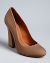 Soft, neutral nubuck makes these chunky heel pumps quietly stylish; from SCHUTZ.