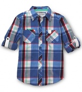 A blue-hued vibrant plaid print and roll-up sleeves add effortless style to this GUESS Kids button up.