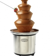 Go with the flow! Guests will flock to this 3-tiered chocolate fondue fountain that holds up to 3 pounds of melted chocolate for a never-ending flow of everyone's favorite sweet. Sure to add some pizazz to your next party, this tower lets guests dip their favorite treats-marshmallows, strawberries, pretzels and more-into the rich, sweet indulgence. 3-month warranty. Model CFF986.