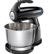 Stand and delicious. This Sunbeam stand mixer is a powerful presence in your kitchen, boasting 12 variable speeds and chrome beaters that mix everything from batches of batter to mountains of dough in no time flat. Black with chrome accents. Model 2594.