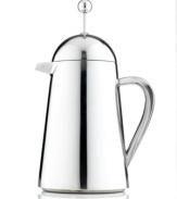 The double walled stainless steel body and lid of this coffee press trap in the rich flavor and intoxicating aromas of your favorite brew, keeping your beverage hotter 3 times longer than your conventional press.  Add an attractive accent to any space with the polished appeal of this press. Lifetime warranty.