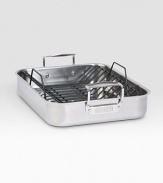 An elegant, professional-grade roasting pan is manufactured with exclusive multi-ply construction, a specially designed combination of stainless steel and aluminum alloys for lifetime performance, durability