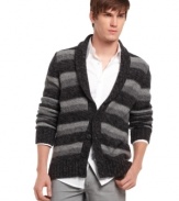 Stripes will step up your swagger in this shawl neck cardigan from Kenneth Cole.