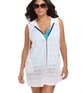 A sheer tunic top makes an elegant way to cover up! Dotti's plus size, zip front topper also features a drawstring hood.