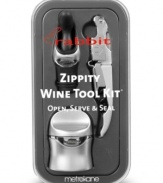 Get to the good stuff. Pop the cork and fill a glass in a snap with the Rabbit Zippity wine tool kit from Metrokane. An air-tight sealer saves leftover wine for another day.