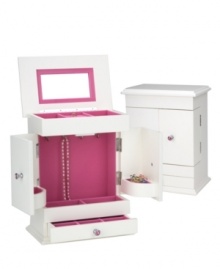 With divided compartments and hooks for stashing rings, bracelets and chains, the Bella jewelry box is the perfect gift for the woman who has it all. Pink velvet contrasts a white wooden exterior with bejeweled knobs to make it dazzle.