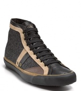 Skater style from Paul Smith, this leather hi-top adds textured wool side panels and stripe details.