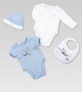 The perfect baby boy gift set with two bodysuits, hat and bib in ultra-soft cotton, adorned with Gucci logo print. Bodysuits CrewneckShort and long sleevesBack snapsBottom snaps Bib Adjustable snaps closureCottonMachine washMade in Italy Please note: Number of snaps may vary depending on size ordered. 