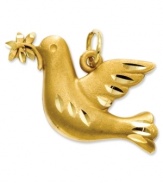 A symbol of peace, this pretty dove charm has a beautiful meaning. Crafted in 14k gold with a satin finish and diamond-cut design. Chain not included. Approximate length: 3/5 inch. Approximate width: 4/5 inch.