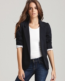 This season, focus on the girls. Aqua's Girlfriend blazer takes the beloved details of the boyfriend blazer, adds striped lining for chic cuffed sleeves and gives it a more feminine silhouette.