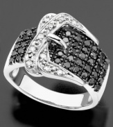 Cinch up your style with this sweet and shining buckle-designed diamond ring. Round-cut white diamonds (1/10 ct. t.w.) and black diamonds (5/8 ct. t.w.) shine in sterling silver. Size 7.