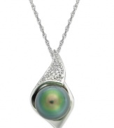 Polish, shine and complete sophistication. This timeless pendant combines a cultured Tahitian freshwater pearl (8-9 mm) with diamond accents in sterling silver. Approximate length: 18 inches. Approximate drop length: 7/8 inch. Approximate drop width: 1/2 inch.