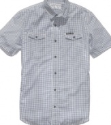 Check yourself.  This short-sleeved woven from DKNY Jeans changes your regular pattern.