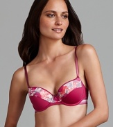 A floral print in rich autumn colors decorate a soft, supportive balconette bra from Calvin Klein.