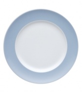 Rosenthal's Sunny Day salad plates shine on casual tables with sky-blue accents in dishwasher-safe porcelain.