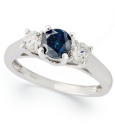 A stunning 3-stone ring with an extra touch of color. This exquisite design incorporates round-cut white diamonds (3/8 ct. t.w.) and a blue diamond (5/8 ct. t.w.) in 14k white gold.