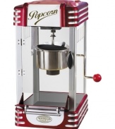 This retro style kettle popcorn unit makes hot, fresh and delicious popcorn just like in the movie theaters. It features a large, stainless steel kettle with a built in stirring system and pops up to 8 cups of popcorn per batch. Includes a measuring spoon for oil and a measuring cup for popcorn kernels, so every batch pops perfectly. With the Retro Kettle Popcorn Maker, popcorn has never tasted so good at home. 3-month warranty. Model RKP630.