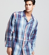 Sleep easy in this soft woven cotton pajama shirt featuring a traditional plaid pattern and the iconic pony logo on the left chest.