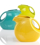 Perhaps the name Fiesta was chosen in 1936 because the famous collection comes in nine festive colors. The collection's solid colors all coordinate with one another, so feel free to mix and match this large disk pitcher. After all, what's a fiesta without mixing it up a bit?