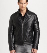 Smooth, supple leather is shaped and tailored in a classic, motorcycle-inspired silhouette.Zip frontStand collarZippered waist pocketsBanded collar, cuffs and hemAbout 26 from shoulder to hemLeatherDry cleanImported