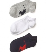 A 3-pack of low-cut ankle socks with a large contrast logo printed on sole.