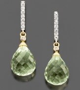 Elevate your style with look-at-me elegance. These gorgeous drop earrings feature briolette-cut green quartz (8-1/5 ct. t.w.) with pretty diamond accents at the top. Set in 14k gold. Approximate drop: 1 inch.