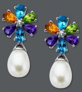 Add a splash of color to your look. These polished sterling silver earrings are bursting with colorful pear-cut blue topaz (1 ct. t.w.), citrine (3/8 ct. t.w.), amethyst (7/8 ct. t.w.), peridot (3/8 ct. t.w.), white topaz accents and cultured freshwater pearl drops (7 mm x 9 mm). Approximate drop: 1 inch.