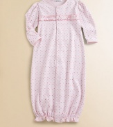 This soft cotton gown with mini hearts and ruffled trim can be converted to legs.CrewneckLong sleeves with mitten cuffsFront snapsBottom elasticOrganic pima cottonMachine washImported Please note: Number of snaps may vary depending on size ordered. 