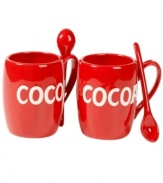 Make a cold weather treat feel extra warm and cozy with novelty cocoa mugs and spoons from Bella. Bright red earthenware labeled in big block letters is something the whole family can enjoy.