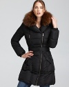 A plush fur collar lends a luxe finish to this belted, down-filled coat with packable hood from Add Down.