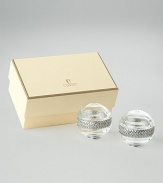 Distinctive salt and pepper crystal spheres are embraced by a braided band. Also available with platinum-plated band. Clear, lead-free crystal Gold-plated band Gift boxed Imported