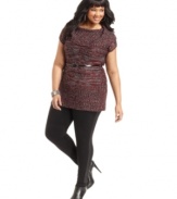 Link up your leggings with Planet Gold's plus size tunic sweater, accented by a belted waist-- it's super-cute for the season!