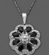 Accent your outfit with a joyful flower. Pendant features onyx (5/3 mm) and diamond accents set in sterling silver. Approximate length: 18 inches. Approximate drop: 1 inch.