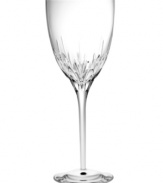 Coupling a modern silhouette and designer's touch, the Fete goblet from Monique Lhuillier for Royal Doulton promises a brilliant toast at every occasion. Vertical cuts extend from stem to bowl in glistening crystal.