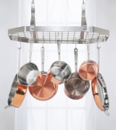 Display and store your cookware collection with pride. This elegant octagonal rack not only saves you cabinet space, it adds a dramatic element to any kitchen décor. Cookware not included. Limited lifetime warranty.