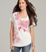 Style&co.'s floral print tee gets even more flirty with swirls of fabric rosettes and sparkling sequin embellishments! (Clearance)